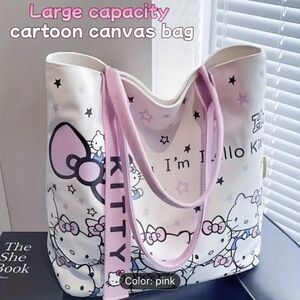 White and Pink Cartoon Canvas Tote